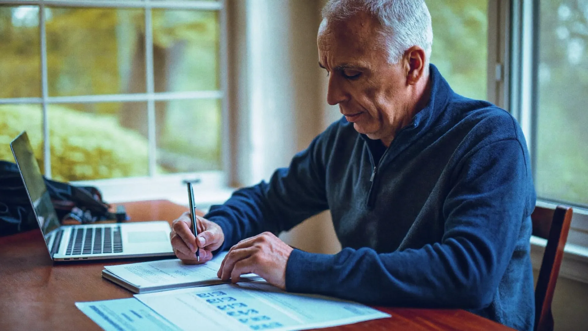 Reviewing pension paperwork at a desk by a window