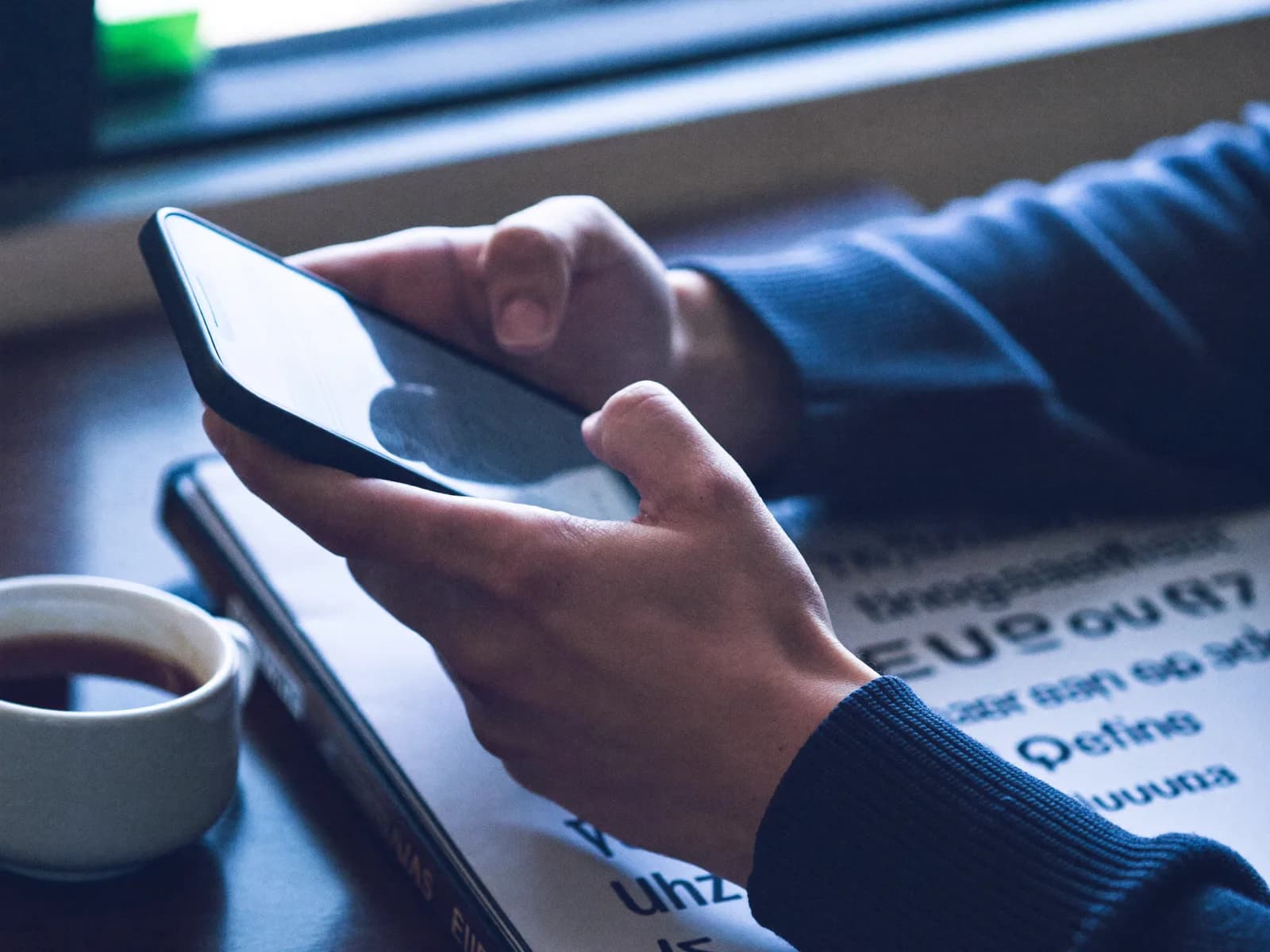 Hands holding a phone, checking a claim over a cup of tea